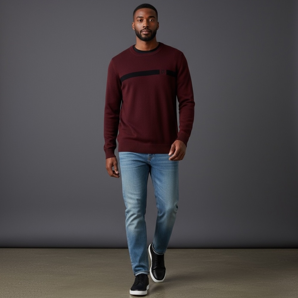 DKNY Men’s Wine Red Crewneck Sweater Size L – NWT – Logo Chest Stripe - Picture 3 of 15